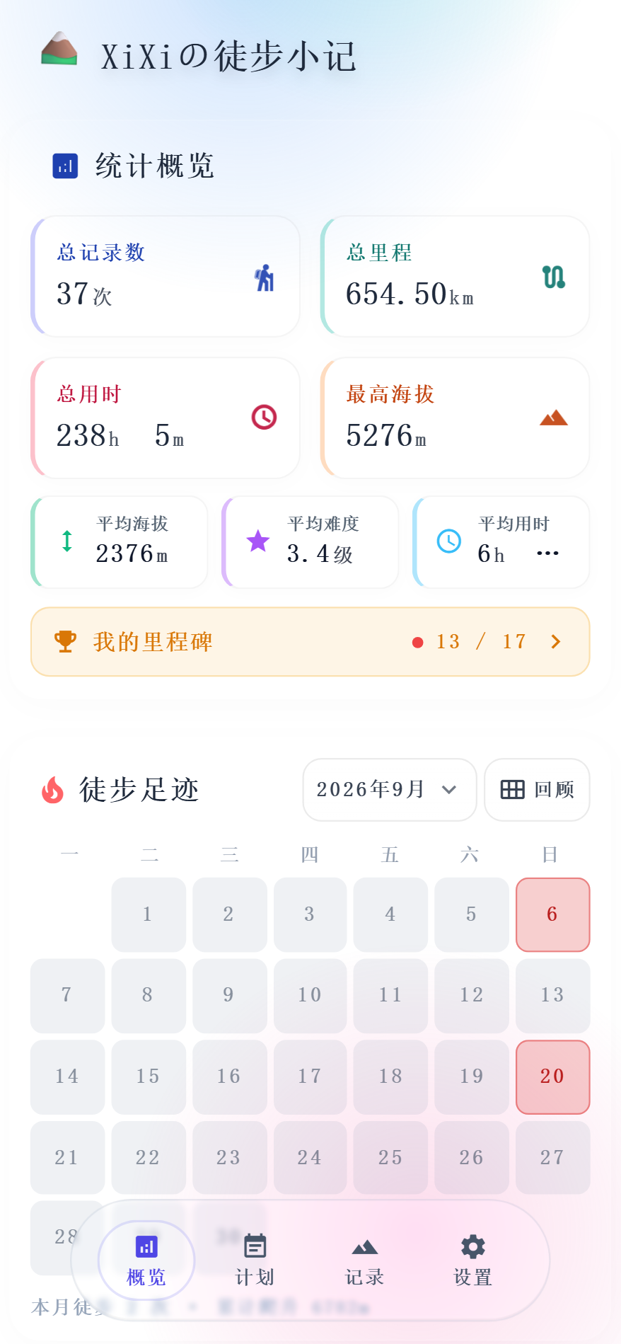 概览页：统计卡、我的里程碑、徒步足迹日历