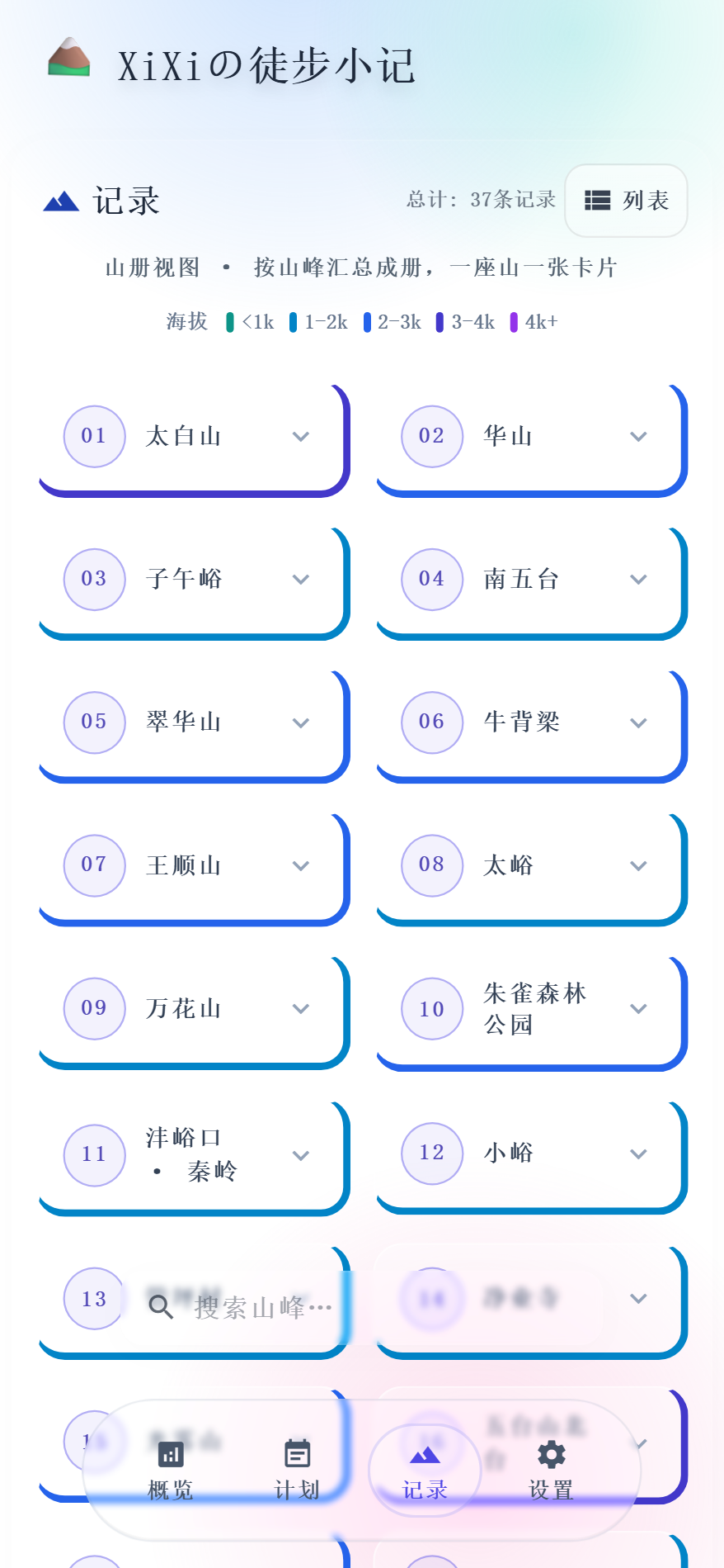 山册视图真机截图：去过的山按最高海拔着色，一座山一张卡片