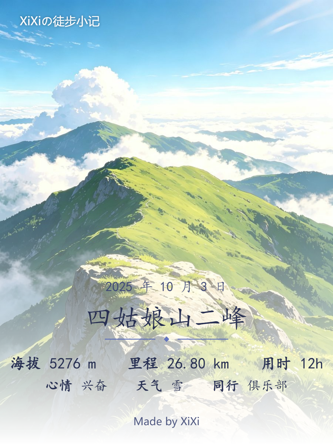 分享卡真机截图：插画山景背景，标注日期、山名、海拔、里程、用时、心情、天气与同行人